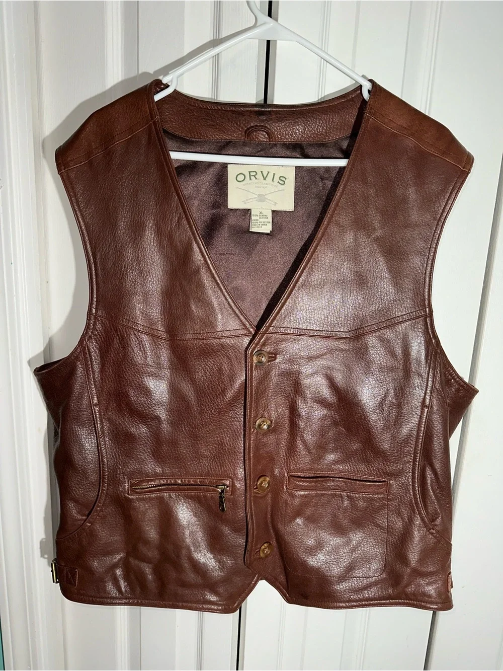 Orvis Mens Leather Vest Size XL Brown Western Field Utility Hunting Pockets AA24